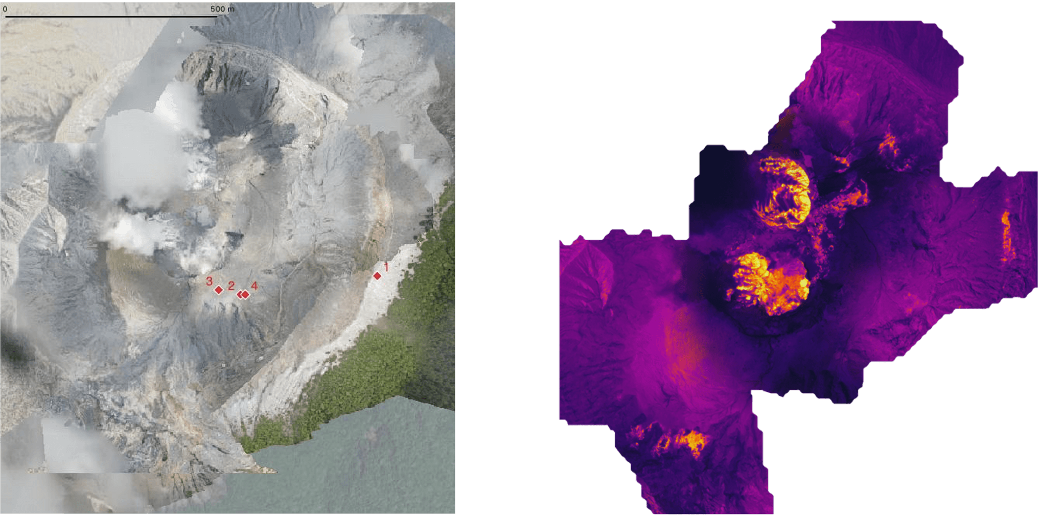 A visible light (left) and thermal infrared (right) orthomosaics of the crater area crated by drone imagery. Red markers on the visible map show the landing sites for the UAF gas ground-sampling drone. In the thermal map, purple shades are relatively cold areas and yellow are hot. The lake and fumaroles are clearly visible.