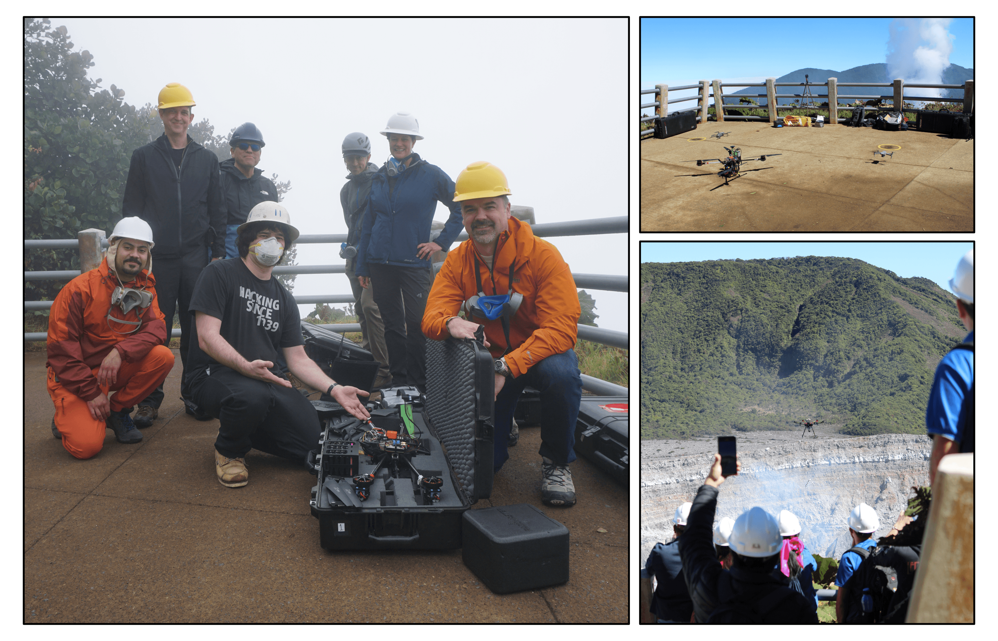 Team UAS. Left: The full VolCAN team poses with one of their bespoke DragonFly UAS on the first day. From left to right: Felipe Rojas Vilches, Matthew Fricke, Rafael Fierro, Carter Frost, Scott Nowicki, Melanie Moses, and John Ericksen. Top right: Take-off! The team took over one of the lower platforms at the Mirador as their launch base. Bottom right: Tourists enjoy the spectacle of the DragonFly UAS flying out into the crater.