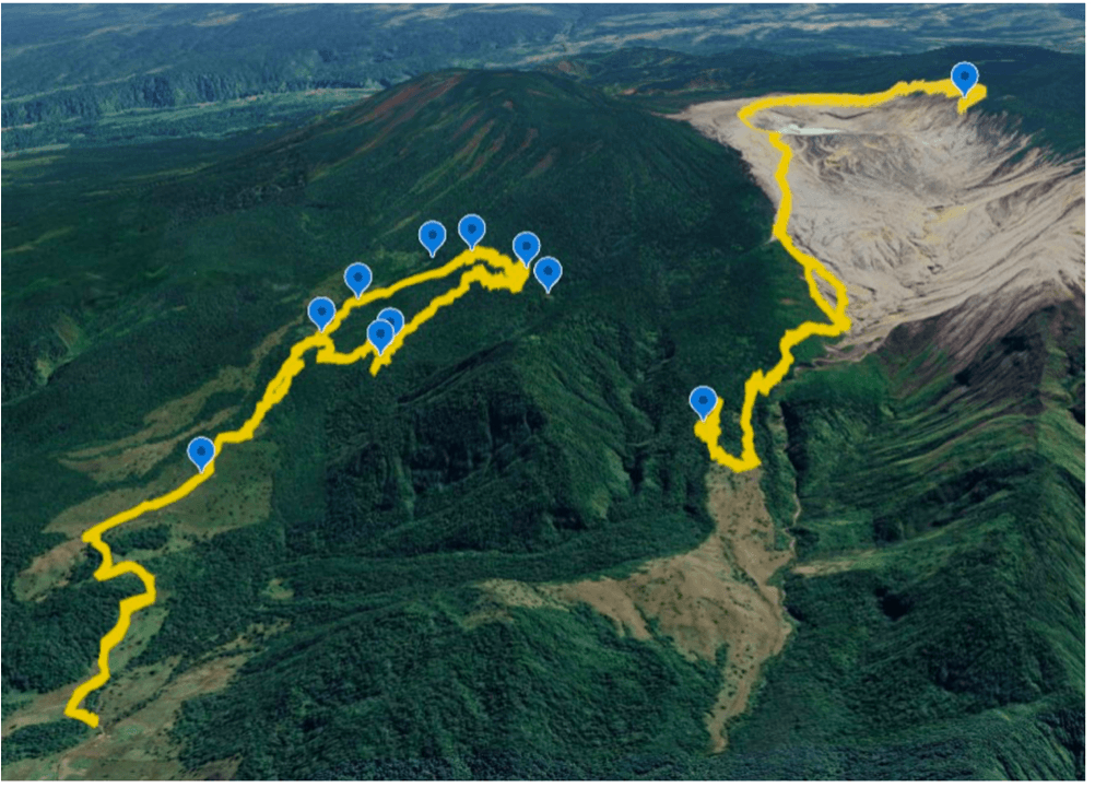 Routes followed during spring exploration and sampling. On the left, the north fork of Rio Agrio was approached from the base of the Poás. On the right, the spring on the south fork of Rio Agrio was accessed from the Mirador at the summit of Poás.