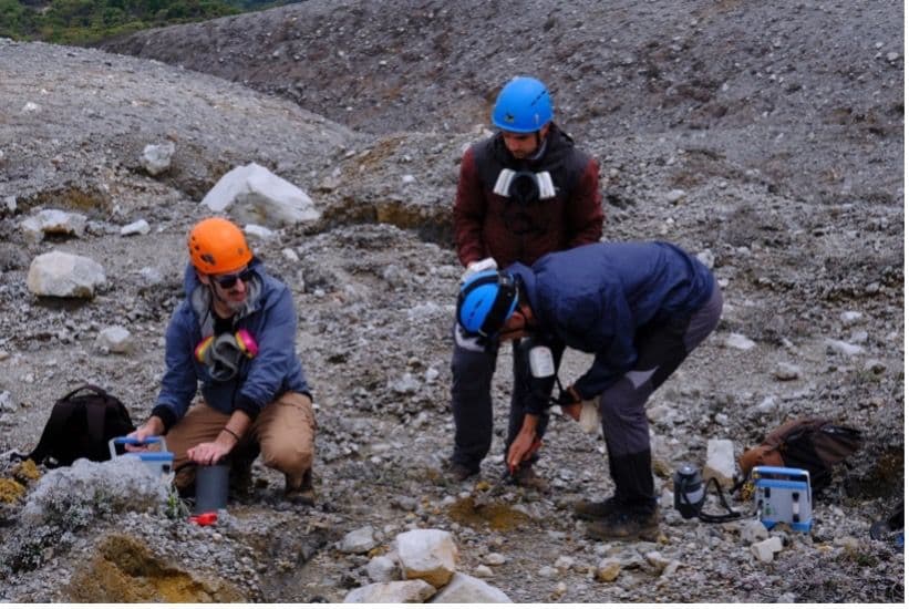 From left to right, Girona, Garcia-Martinez, and Benavente run ground-based sampling of soil CO2 degassing.