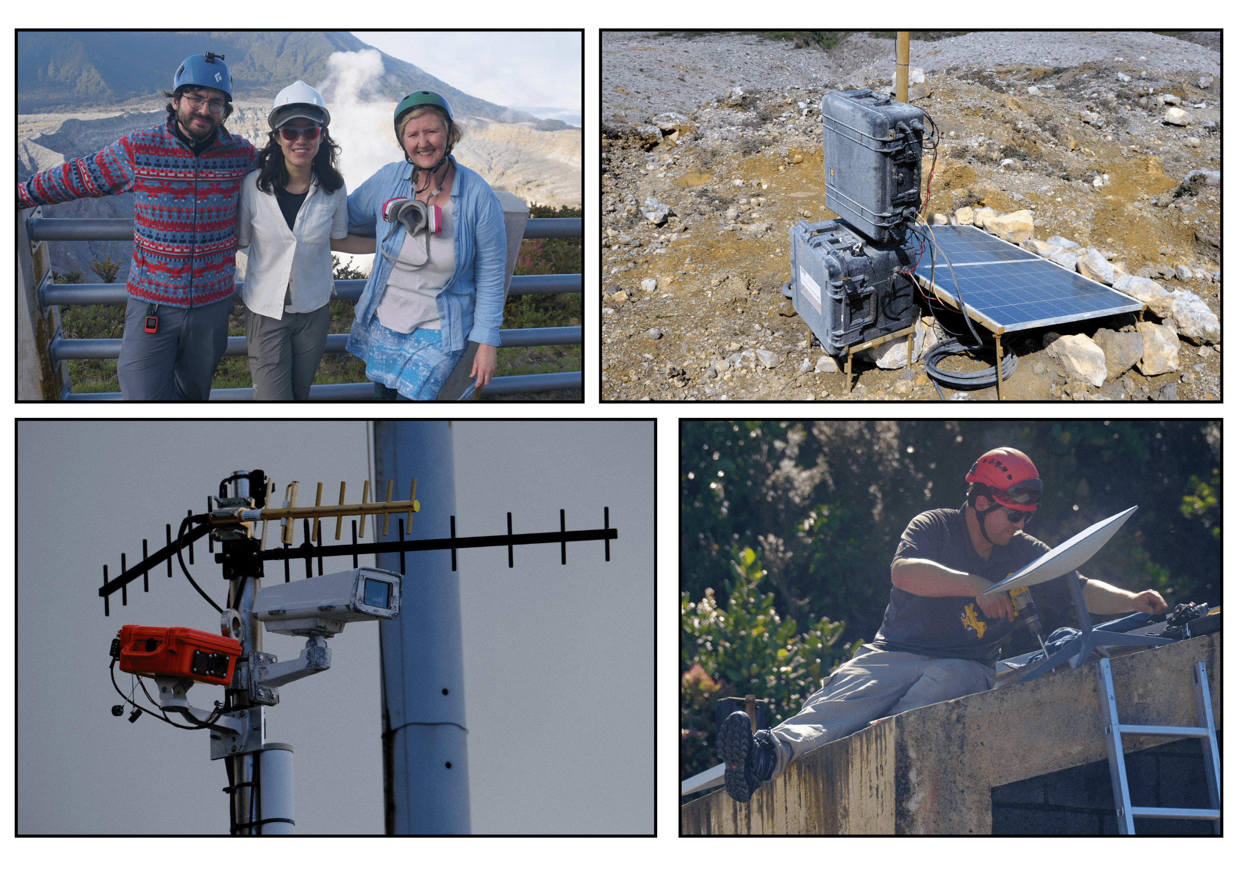 Team AVERT. Top left: AVERT post-doc Conor Bacon, Lamont Data Science Fellow Sarah Shi, and AVERT PI Terry Plank at the Mirador. Top right: One of the sites deployed in November showing the effects of the acid gases that come off the crater lake. Bottom left: The new dual-camera system (including IR and visible spectrum cameras, in the orange Pelican case) alongside the existing OVSICORI webcam and radio telemetry array. Bottom right: John Bolaños Paniagua installing the Starlink dish on top of the Mirador hut.