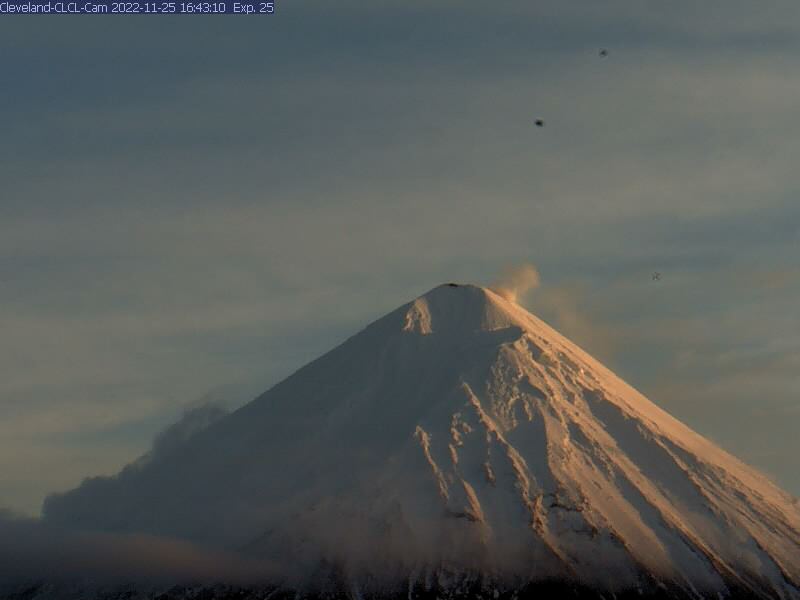 An example view of the summit of Cleveland from the CLCL site, which is situated on neighbouring Carlisle volcano. The edifice of Cleveland is shown covered in snow, with a hint of plume visible against a blue sky.