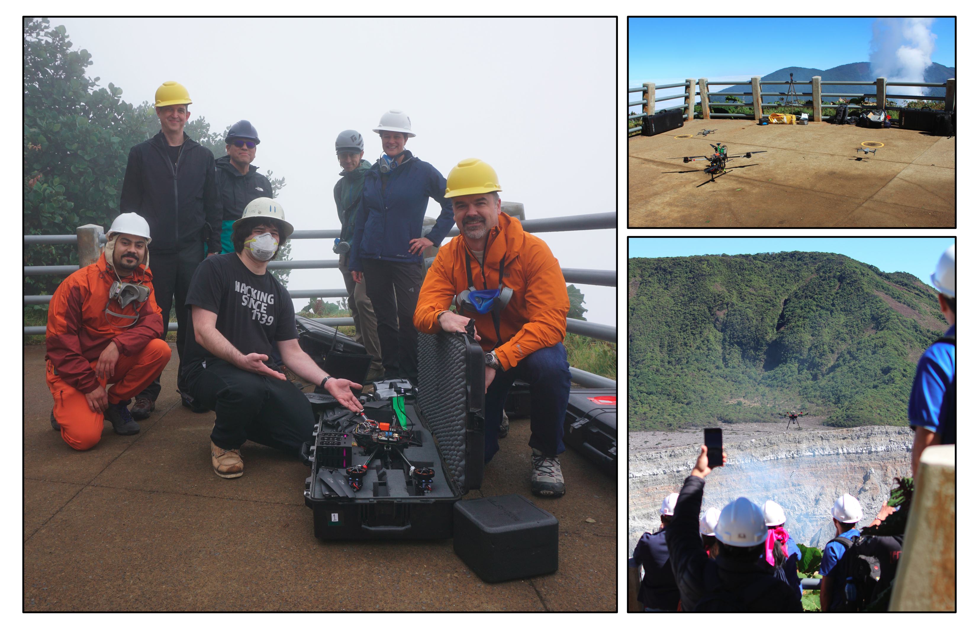 Team UAS. Left: The full VolCAN team poses with one of their bespoke DragonFly UAS on the first day. From left to right: Felipe Rojas Vilches, Matthew Fricke, Rafael Fierro, Carter Frost, Scott Nowicki, Melanie Moses, and John Ericksen. Top right: Take-off! The team took over one of the lower platforms at the Mirador as their launch base. Bottom right: Tourists enjoy the spectacle of the DragonFly UAS flying out into the crater.