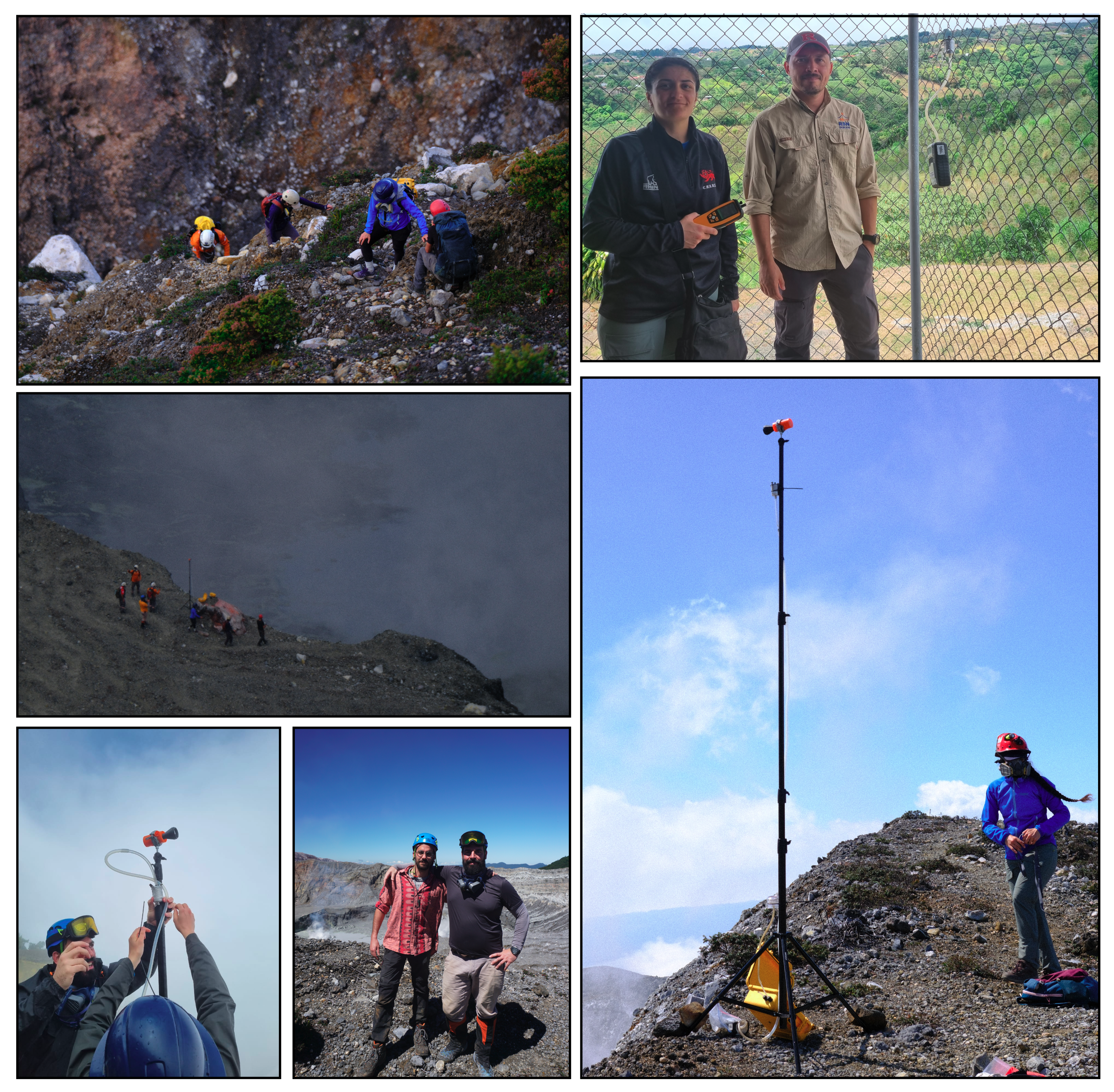 Team Aerosol. Clockwise, from top left: team “Vertical Ascent” hiking out from Poás crater with sampling equipment after successful deployment right next to the plume source. Mushtari Saidikova preparing sampling equipment at a school downwind of the plume. Mushtari Saidikova on the crater rim with sampling equipment deployed. Donato Giovanelli and Bernardo Barosa in front of Poás crater. Donato Giovanelli sets up his low-cost sampling pump with specially designed 3-D printed fitting on a tripod. Team Aerosol setting up sampling equipment on the rim above the crater lake accompanied by the Red Cross, OVSICORI scientist Maarten de Moor, and Moore Foundation Program Associate Rebecca Ju.