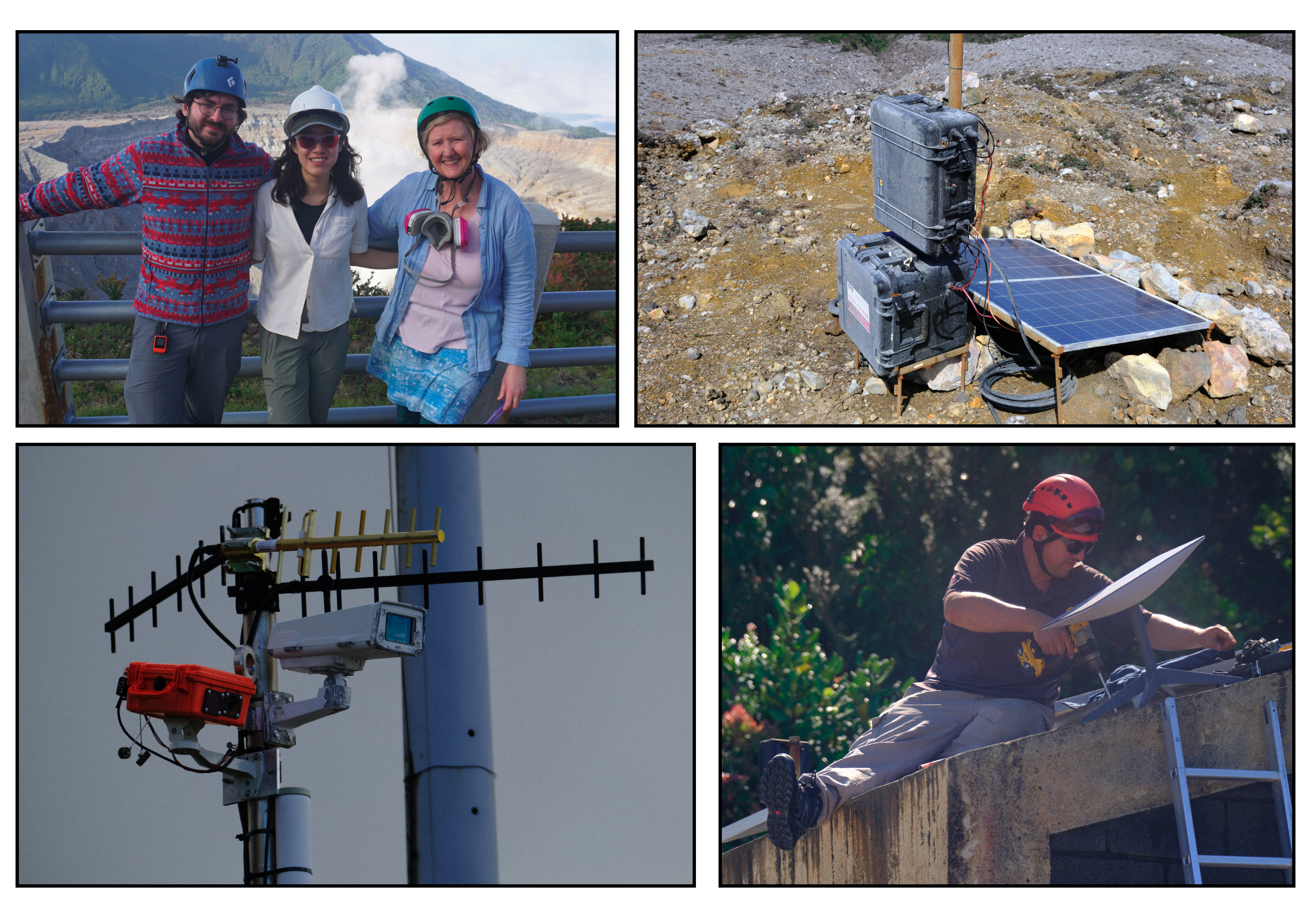 Team AVERT. Top left: AVERT post-doc Conor Bacon, Lamont Data Science Fellow Sarah Shi, and AVERT PI Terry Plank at the Mirador. Top right: One of the sites deployed in November showing the effects of the acid gases that come off the crater lake. Bottom left: The new dual-camera system (including IR and visible spectrum cameras, in the orange Pelican case) alongside the existing OVSICORI webcam and radio telemetry array. Bottom right: John Bolaños Paniagua installing the Starlink dish on top of the Mirador hut.