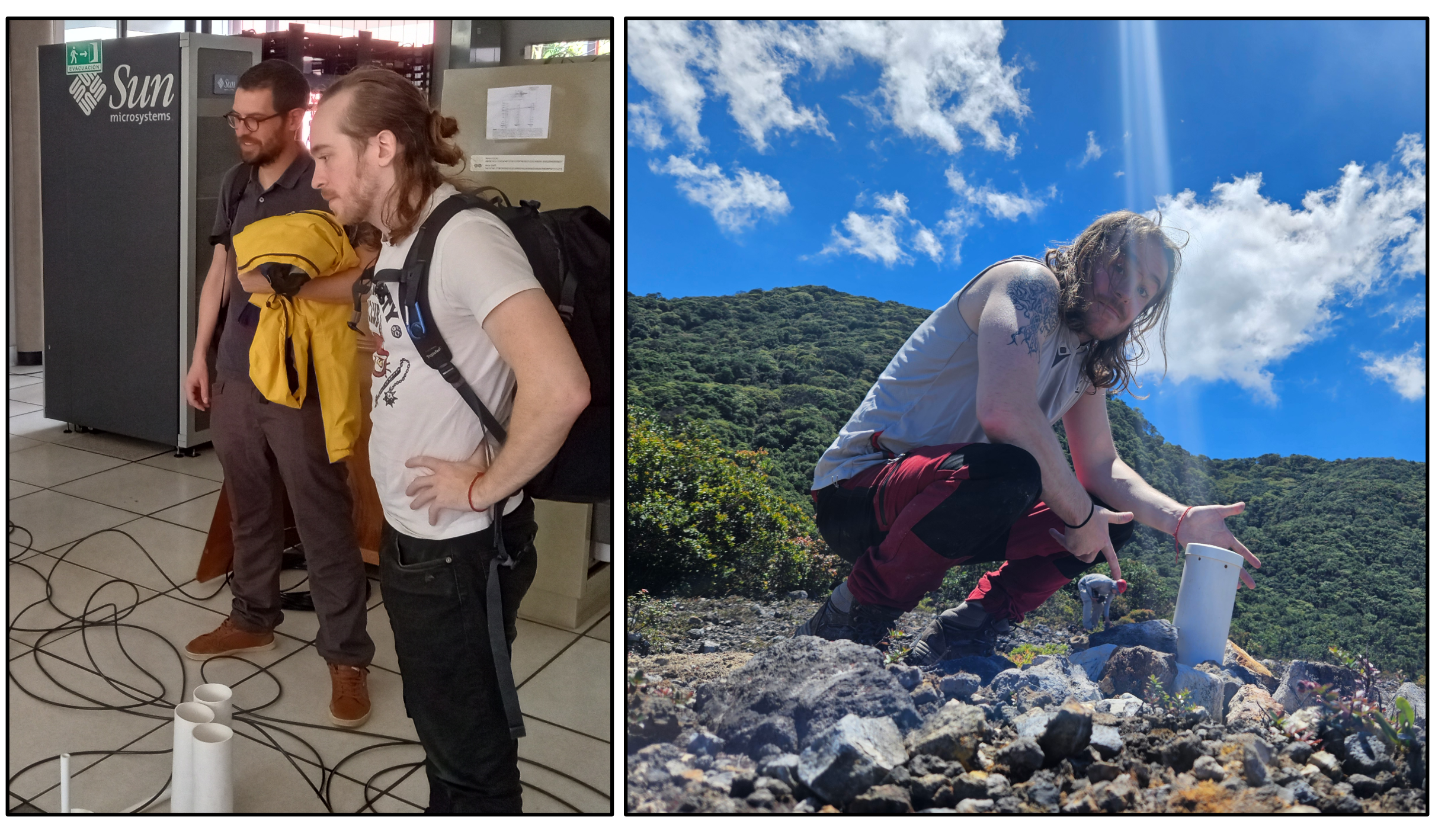 Team Infrasound. Left: Corentin Caudron (left) and Ben Roche (right) visit the OVSICORI headquarters to prepare the infrasound deployments. Right: Ben Roche shows off one of the installed infrasound sensors on the eastern side of the crater rim.