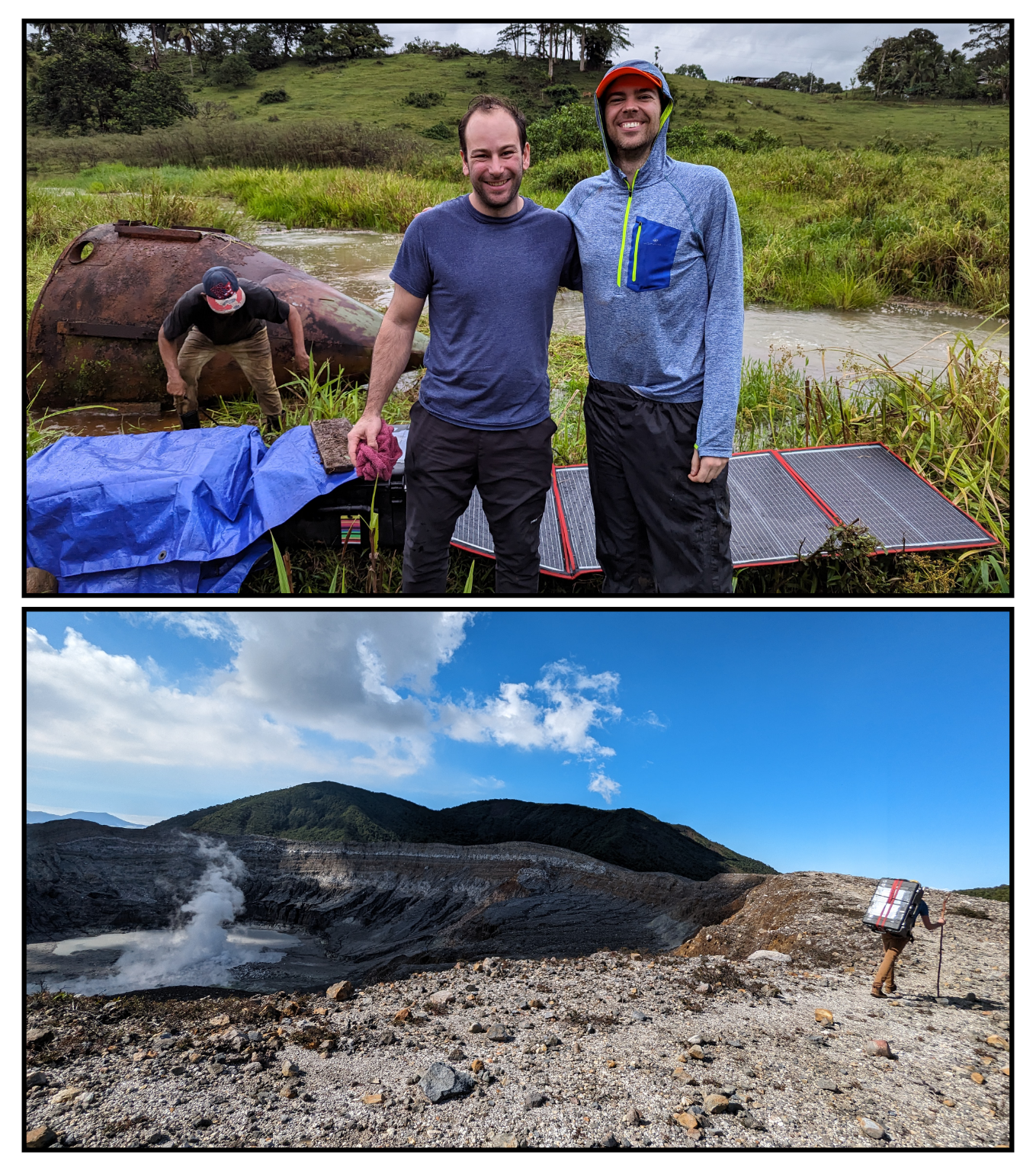 Team miniRUEDI. Top: Alan Seltzer and Mike Broadley in front of the deployed miniRUEDI system at Pompilio Springs, in the back arc. Bottom: The miniRUEDI system being hiked along the Poás crater rim prior to deployment above the fumarole bank. The Laguna Caliente and plume are visible to the left, with the Von Frantzius peak in the background.