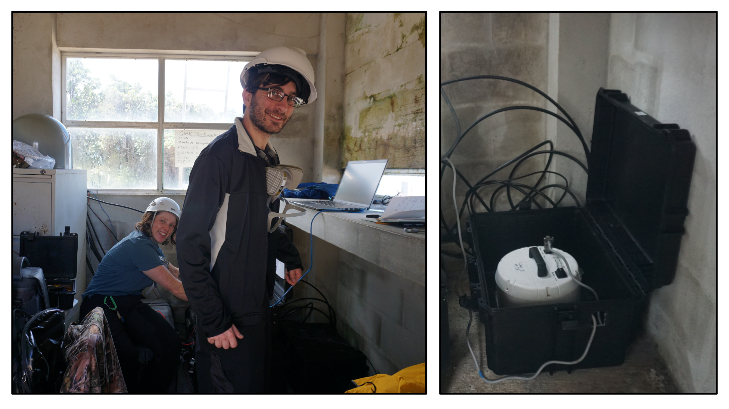 Team Wee-g. Left: Libby Passey and Kris Anastasiou working in the Mirador hut, installing the Wee-g gravimeter next to the AVERT control box. Right: The Wee-g itself, deployed inside a protective case that is bolted into the concrete to protect the sensitive instrument from bumps and knocks.